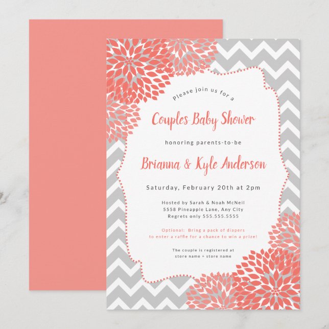 Invitación a Baby Shower de Parejas Corales (Anverso / Reverso)