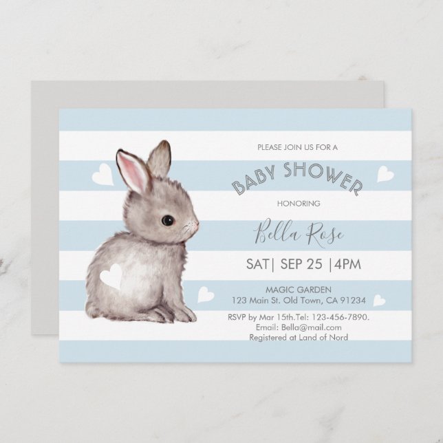 Invitación a Baby Shower de paro azul gris Bunny H (Anverso / Reverso)