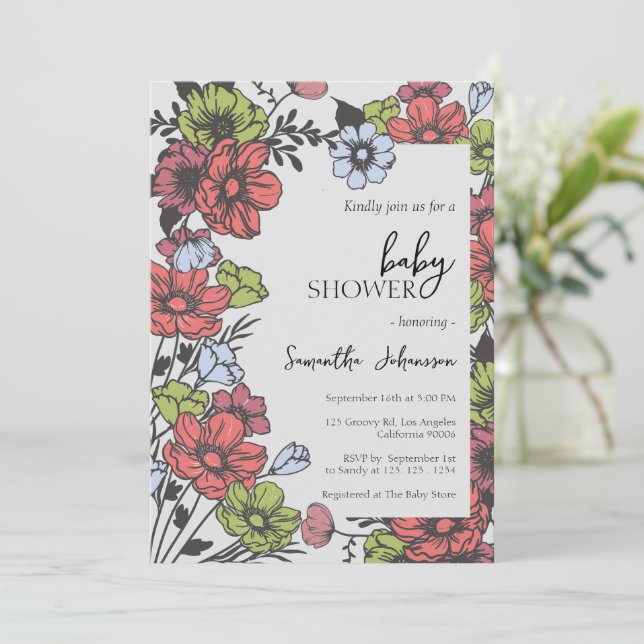 Invitación a Baby Shower de Pastel de flores silve (Anverso de pie)
