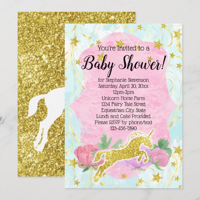 Invitación a Baby Shower de Pastel Gold Unicorn (Anverso / Reverso)