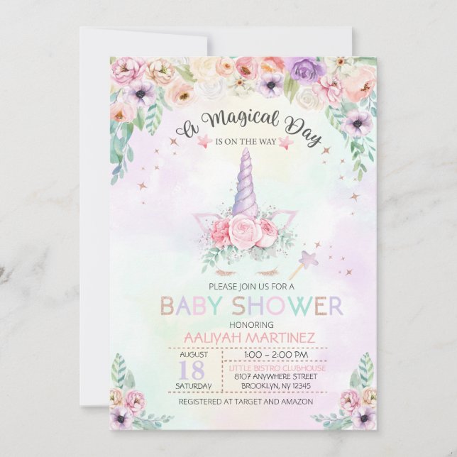 Invitación a Baby Shower de Pastel Rainbow Unicorn (Anverso)