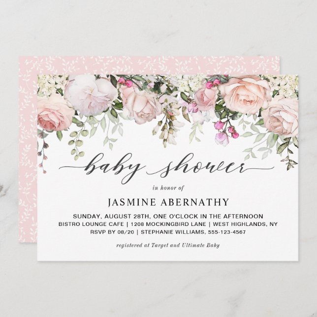 Invitación a Baby Shower de Pastel Rosa (Anverso / Reverso)