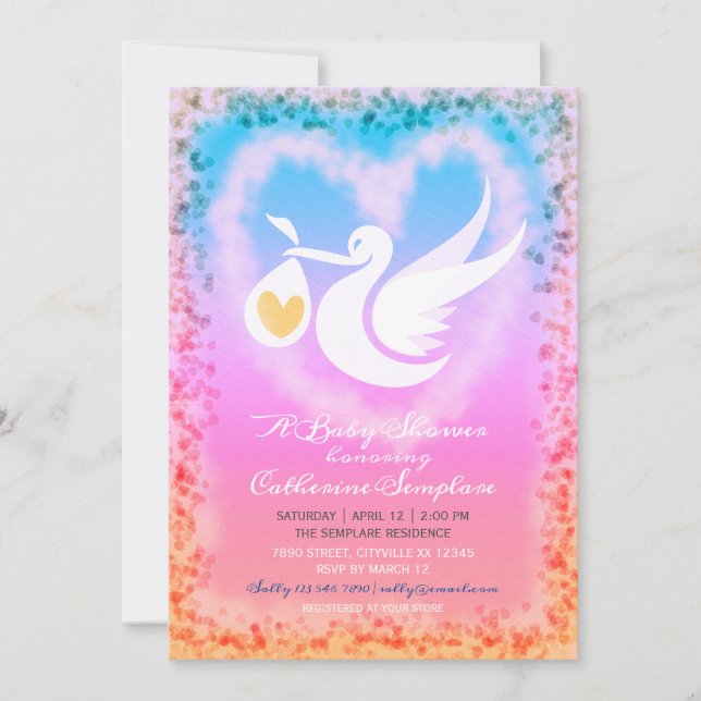 Invitación a Baby Shower de Pastel Stork (Anverso)