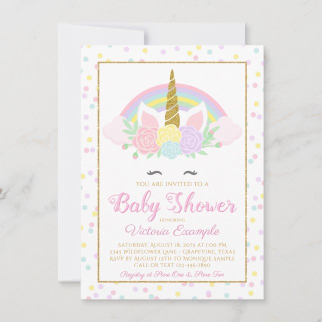 Invitación a Baby Shower de Pastel Unicorn Face Ra (Anverso)