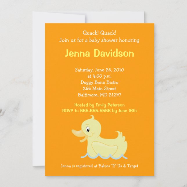 Invitación a Baby Shower de pato amarillo suave (Anverso)