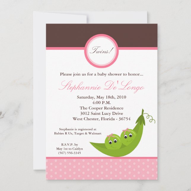 Invitación a Baby Shower de Pea Pod Pea Chica TWIN (Anverso)