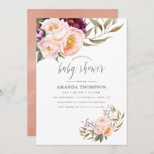 Invitación a Baby Shower de Peach and Burgundy Flo (Anverso / Reverso)
