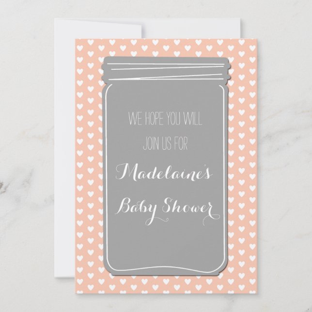 Invitación a Baby Shower de Peach Gray Hearts Maso (Anverso)