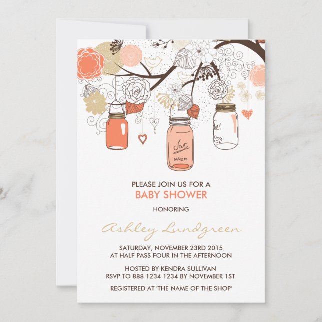 Invitación a Baby Shower de Peach Mason Jars Sprin (Anverso)