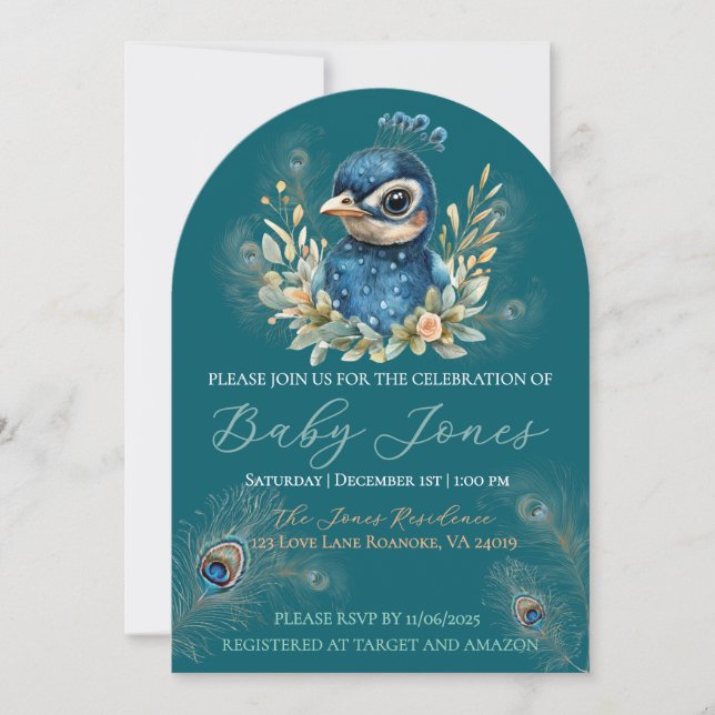 Invitación a Baby Shower de Peacock (Anverso)
