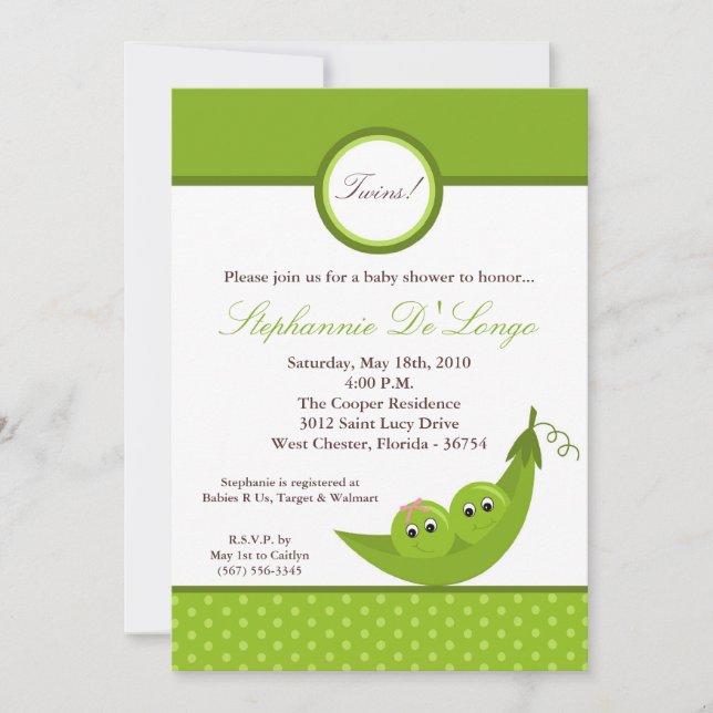 Invitación a Baby Shower de Peas Pod Chica TWIN Bo (Anverso)