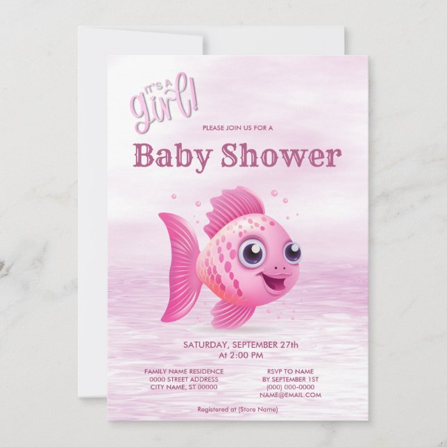 Invitación a Baby Shower de peces rosados (Anverso)