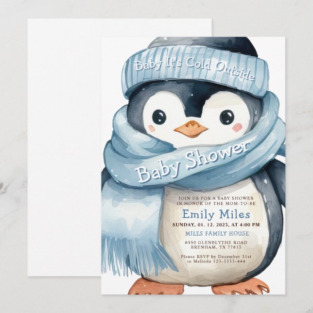 Invitación a Baby Shower de Penguin Winter Boy (Anverso / Reverso)