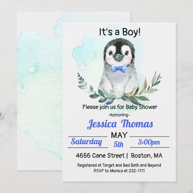 Invitación a Baby Shower de Penguin Winter Boy (Anverso / Reverso)