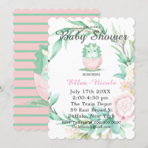 Invitación a Baby Shower de Peony Dinosaurio Verde