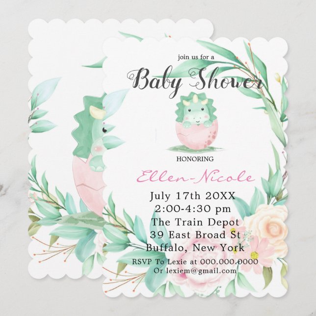Invitación a Baby Shower de Peony Dinosaurio Verde (Anverso / Reverso)