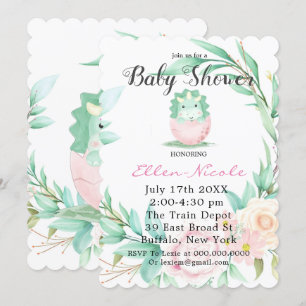 Invitación a Baby Shower de Peony Dinosaurio Verde