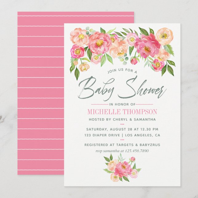 Invitación a Baby Shower de Peony Flores (Anverso / Reverso)