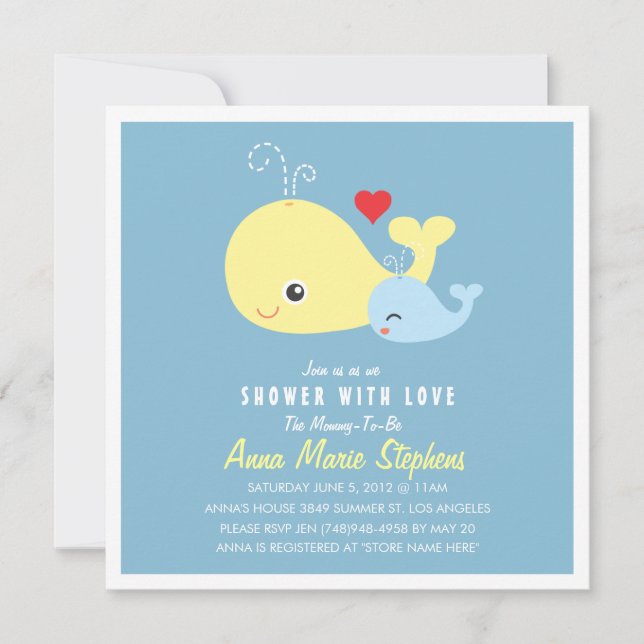 Invitación a Baby Shower de pequeñas ballenas (Anverso)