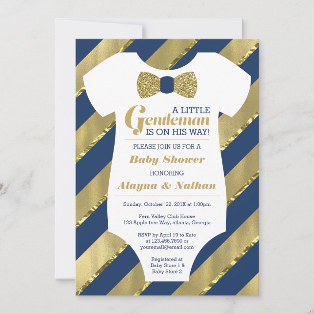 Invitación a Baby Shower de pequeño caballero, oro (Anverso)