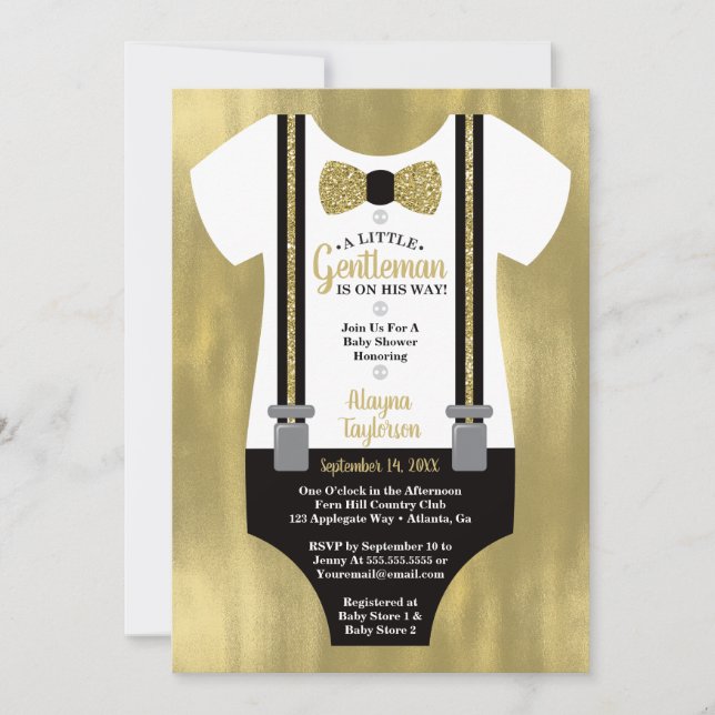 Invitación a Baby Shower de pequeño caballero, oro (Anverso)