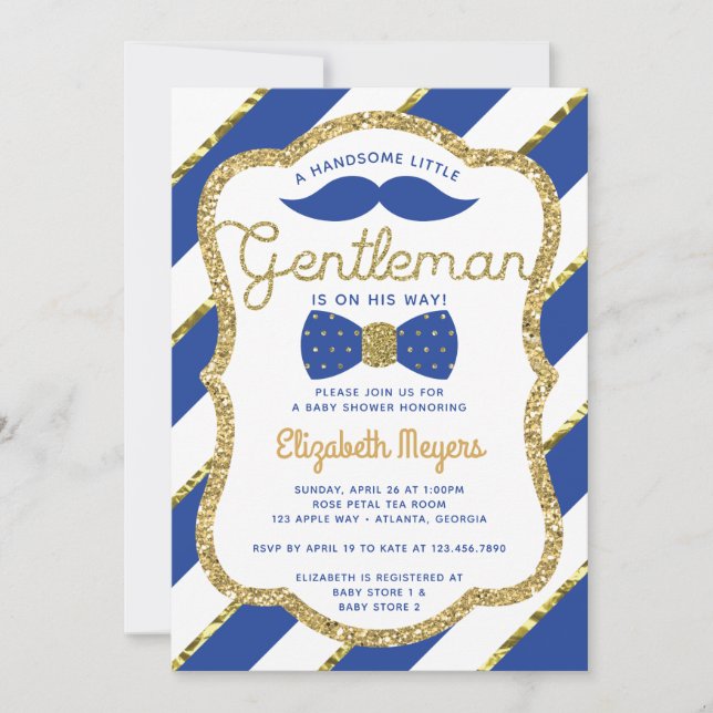 Invitación a Baby Shower de pequeño caballero, oro (Anverso)