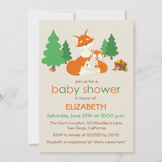 Invitación a Baby Shower de Pequeño Fox y Mamá (Anverso)