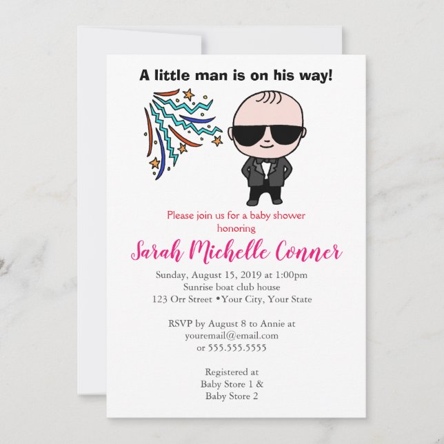 Invitación a Baby Shower de pequeño hombre gracios (Anverso)