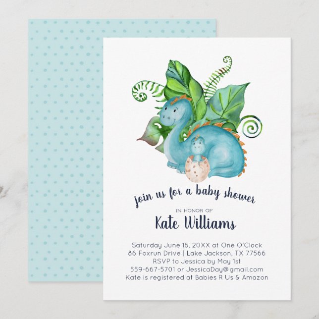 Invitación a Baby Shower de pequeños dinosaurios (Anverso / Reverso)