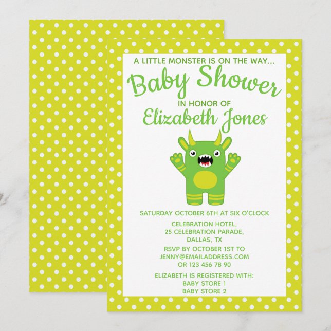 Invitación a Baby Shower de pequeños monstruos de  (Anverso / Reverso)
