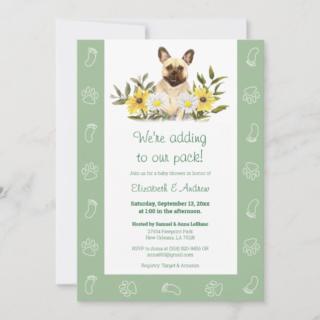 Invitación a Baby Shower de Perro Bulldog Verde Fr (Anverso)