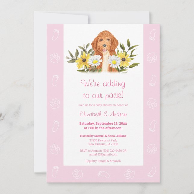 Invitación a Baby Shower de perro dorado rosado (Anverso)