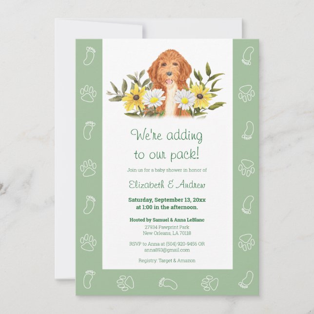 Invitación a Baby Shower de perro dorado verde (Anverso)