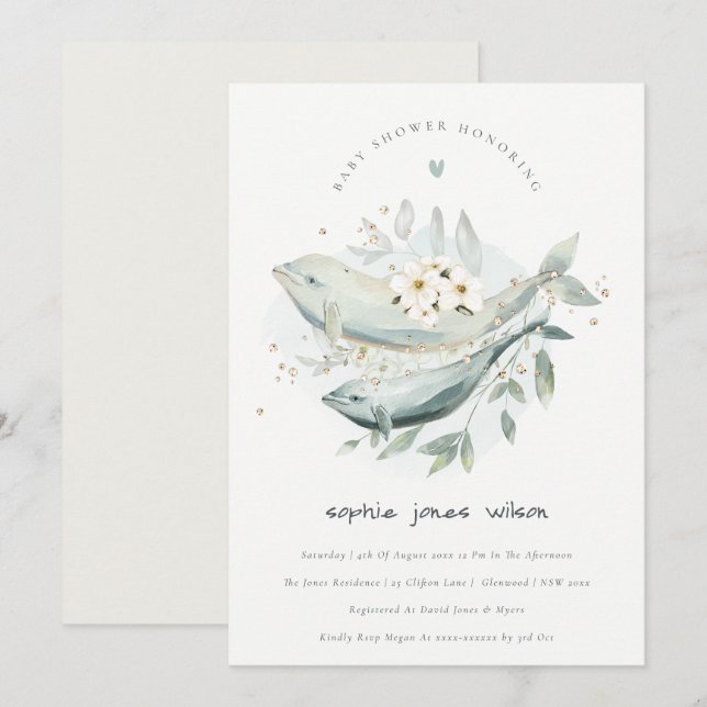 Invitación a Baby Shower de pescado de ballena flo (Anverso / Reverso)