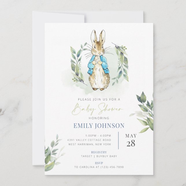 Invitación a Baby Shower de Peter Rabbit (Anverso)