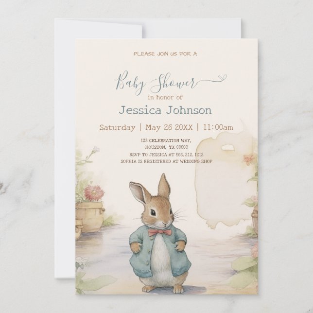 Invitación a Baby Shower de Peter Rabbit (Anverso)