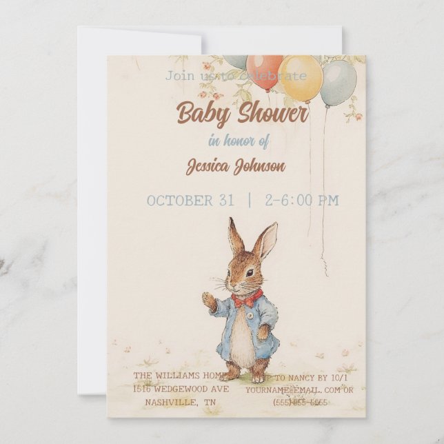 Invitación a Baby Shower de Peter Rabbit (Anverso)