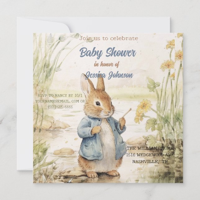 Invitación a Baby Shower de Peter Rabbit (Anverso)