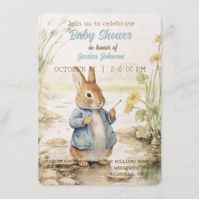 Invitación a Baby Shower de Peter Rabbit (Anverso)