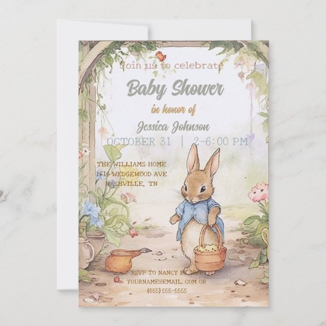 Invitación a Baby Shower de Peter Rabbit (Anverso)