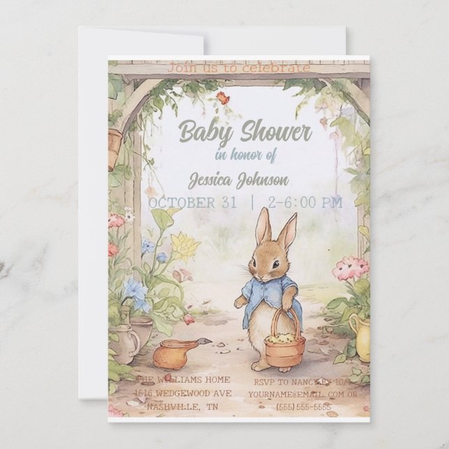 Invitación a Baby Shower de Peter Rabbit (Anverso)