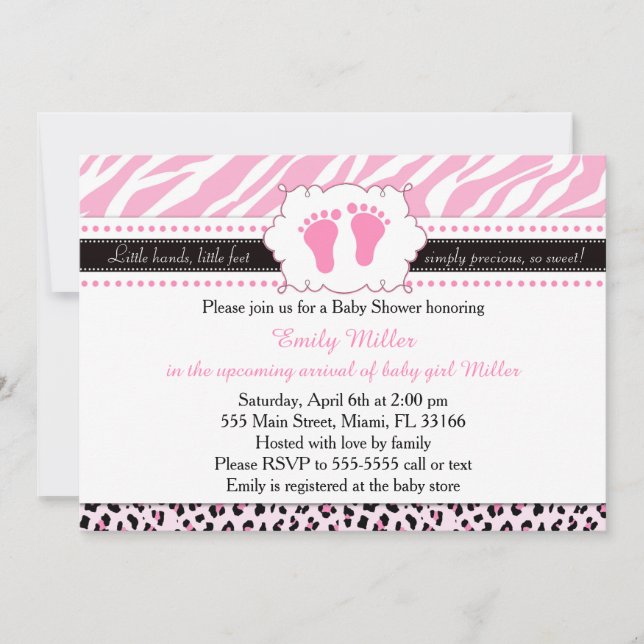 Invitación a Baby Shower de Pies de Leopardo Rosa (Anverso)