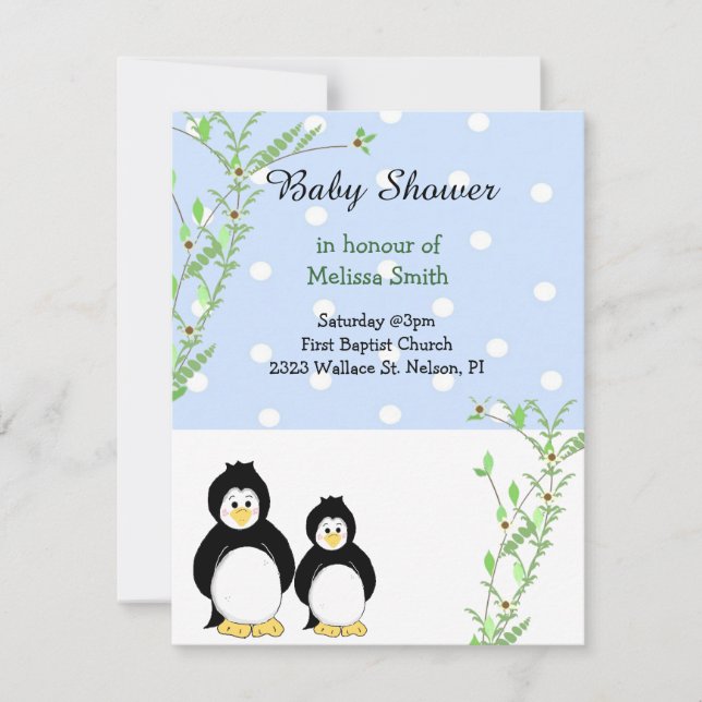 Invitación a Baby Shower de pingüinos y vinos (Anverso)