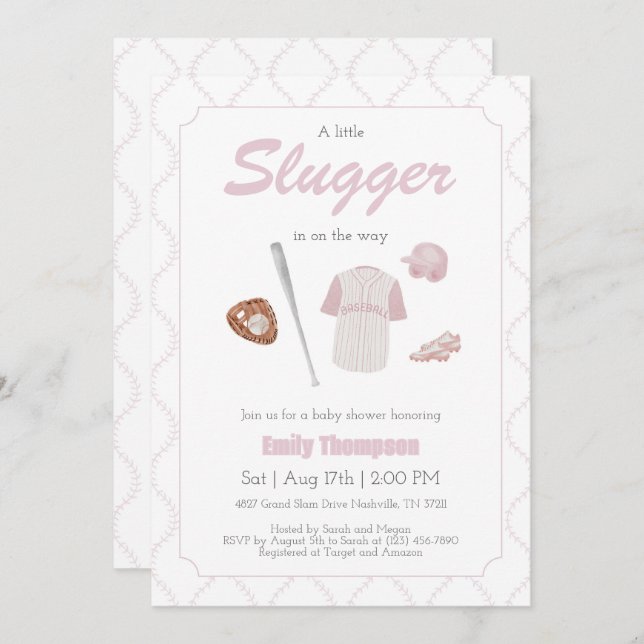 Invitación a Baby Shower de Pink A Little Slugger (Anverso / Reverso)