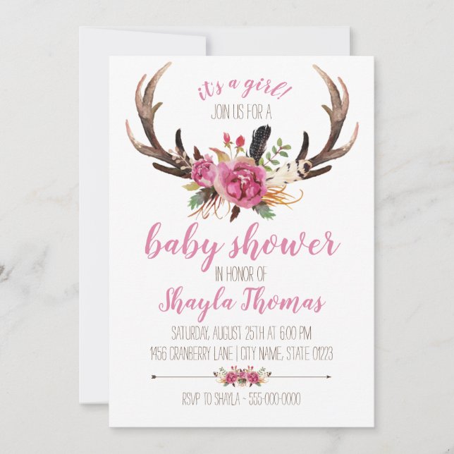 Invitación a Baby Shower de Pink Boho Antler (Anverso)