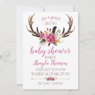 Invitación a Baby Shower de Pink Boho Antler