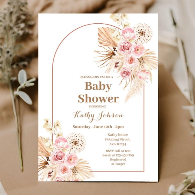 Invitación a Baby Shower de Pink Boho Pampas Grass (Subido por el creador)
