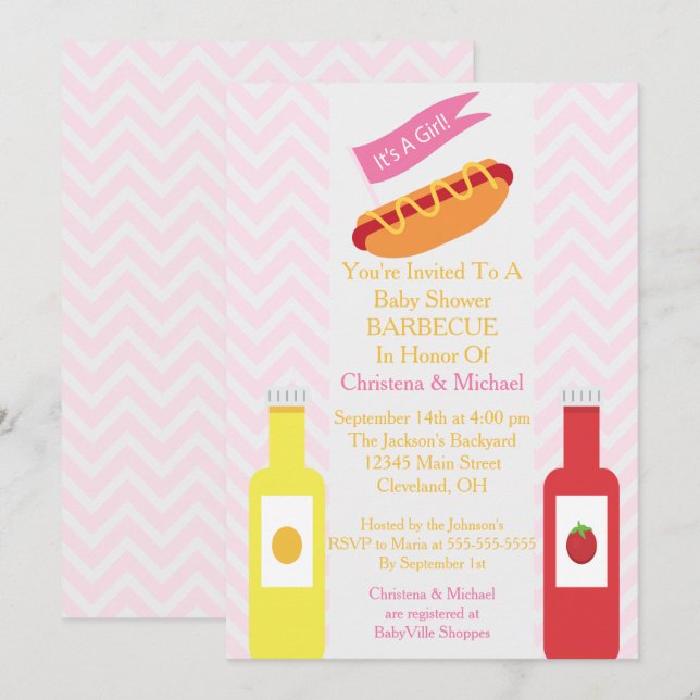 Invitación a Baby Shower de Pink Chevron Hotdog BB (Anverso / Reverso)