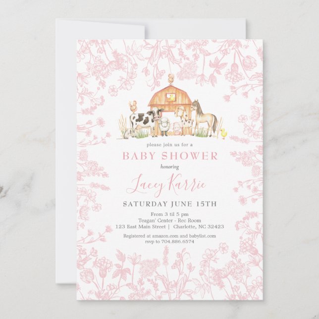 Invitación a Baby Shower de Pink Farm (Anverso)
