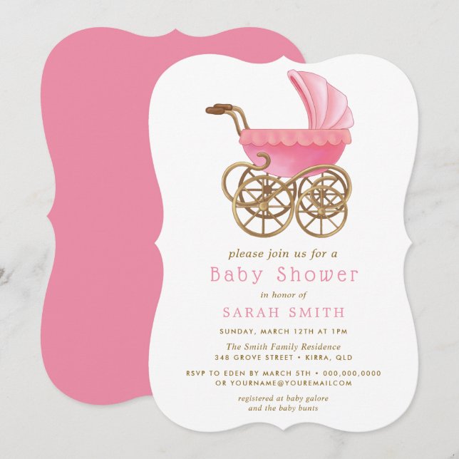 Invitación a Baby Shower de Pink & Gold Stroller P (Anverso / Reverso)